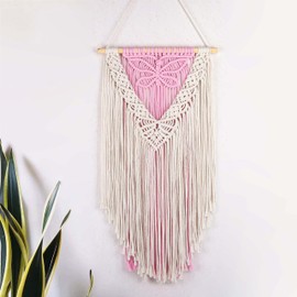 LB Macrame Wall Hanging, Pink Butterfly Tapestry Wall Hanging Decor Boho Art Wall Decor Bohemian Handmade Yarn Macrame Wall Art for Living Room Apartment Office Backdrop,13" W x 25.6" L
