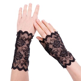 MINGZE Lace Gloves, Women's Floral Pattern Lace Fingerless Gloves, Half Finger Bridal Gloves UV Protection Fingerless Gloves Sunproof Gloves (Black, Fingerless)