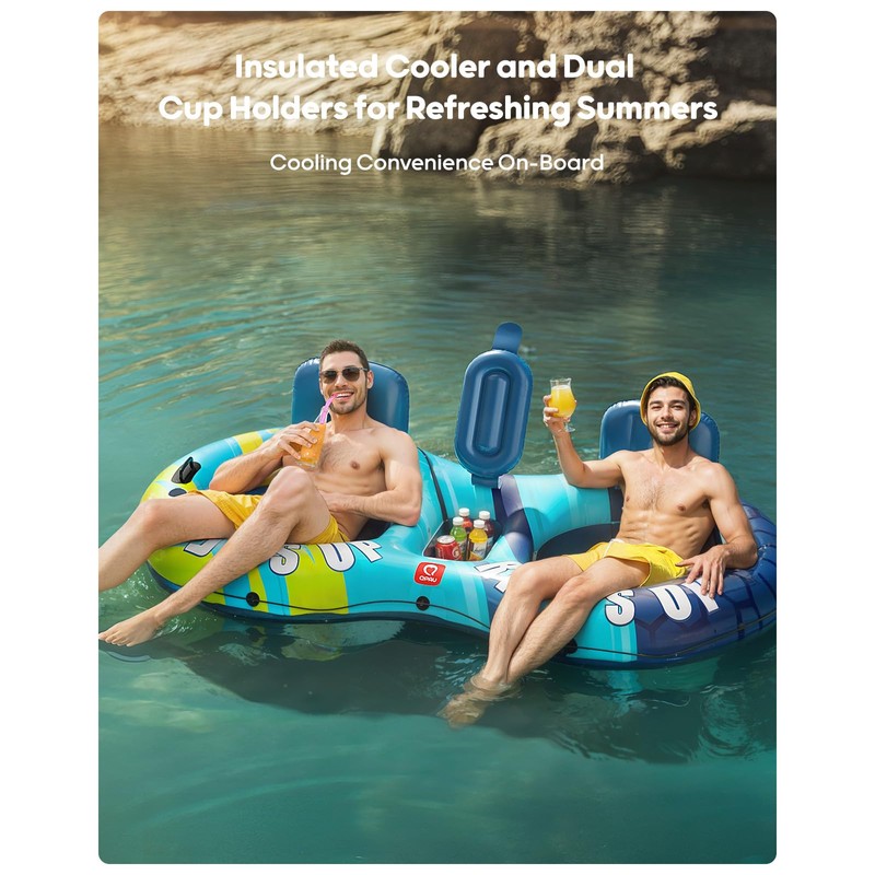 QPAU Inflatable Double River Tube, 2 Person 660lb Capacity, Puncture-Resistant