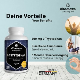 L-Tryptophan High Dose, Vegan, 500 mg Powder per Capsule, 180 Capsules for 6 Months, Pure Essential Amino Acid, Naturally Fermented, Dietary Supplement without Additives, Made in Germany