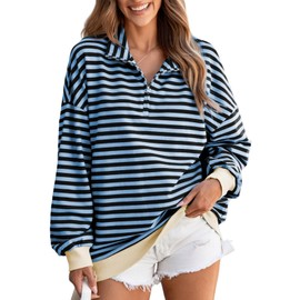 EVALESS Sweatshirt for Women Oversized Striped Casual Long Sleeve Shirts for Women Cute Comfort Colors Hoodless Hoodies Loose Fit Half Zip Pullover Tops Trendy 2024 Fall Fashion Outfits Blue Large