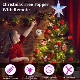 Decoración de árbol de Navidad con estrella de 11.8 pulgadas, para árbol de Navidad iluminada con control remoto, multicolor con 20 luces LED, decoración de Navidad, decoración de fiestas y interiores