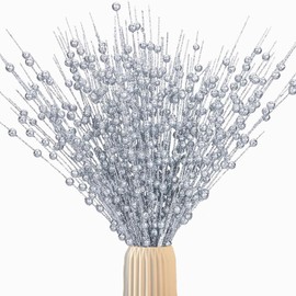 BEEXEED 20 Pack Silver Artificial Glitter Berry Stems for Christmas Tree Decoration & Festive Home Decor | 17" Beaded Twig Branches Perfect for Holiday Wreaths & Vase DIY Ornaments(17 Inch,Silver)