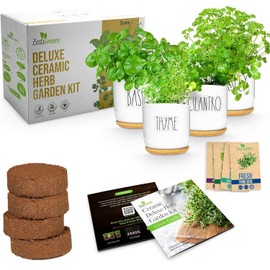 Deluxe Ceramic Indoor Herb Kit 4 Set. Variety Herbs for Indoor & Outdoor – Get Growing with Pots, Potting Soil for Window Herb Garden. (Ceramic Edition)
