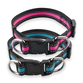 Highly Reflective Adjustable Dog Collar with Dual Metal D-Rings - Classic Colors for Small/Medium Dogs, 2-Pack (Pink and Blue, S)