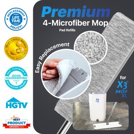 X3 Mop XL Replacement Microfiber Cleaning Pads, 4 Pack of Reusable Flat Mop Heads. (Pads fit X3 Mop XL Only)