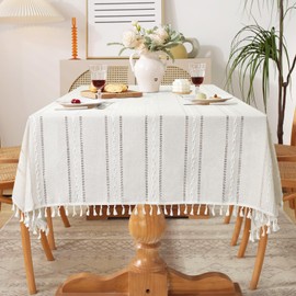 Dremisland Cotton Linen Tablecloth Rectangular Solid Color Stitching Tassel Large Table Cloth Dust-Proof Shrink-Proof Embroidery Table Cover for Kitchen Dinning Picnic Tabletop Decor