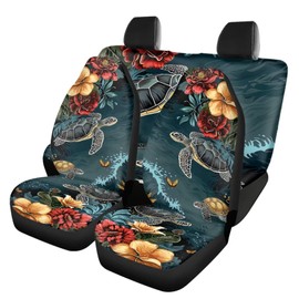 Howilath Sea Tuetle Hibiscus Flower Front and Rear Seat Covers 4 Piece Car Seat Protective Covers Universal Washable Car Interior Accessories