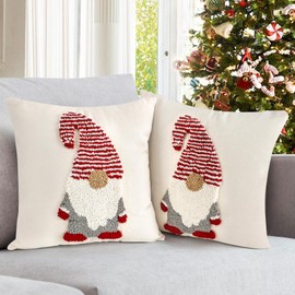 18x18 Inches Canvas Christmas Pillow Covers Set of 2, Gnome Loop Pile Throw Pillows Cases Xmas Decor for Couch Sofa Bedroom Living Room Home, Holiday Decorative Pillows Covers Gifts for Women Men