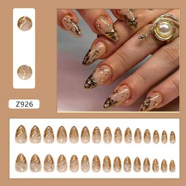 Yamobi Pack of 24 Golden French Tip Press On Nails, Short Almond False Nails with 3D Gold Irregularities, Artificial Nails, Full Cover Nails for Sticking