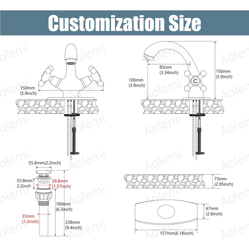 Aolemi Bathroom Sink Faucet Single Hole Cold and Hot Double