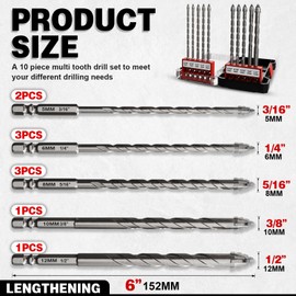 Upgraded Masonry Drill Bit Set 6''(152mm) Length,Serrated Concrete Drill bit Set - (3/16"-1/2") 10-Piece Professional Carbide Drill Bits for Concrete, Tile, Brick, Glass, Ceramic, Wood, and Plastic