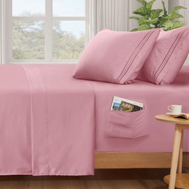 SiinvdaBZX Extra Deep Pocket King Sheets Set - Fits Mattress Up to 24 Inches Thick - 4 Piece Pink Deep Pocket Sheets for Air Mattress - Soft 1800 Thread Count Fitted Sheet with Side Pocket