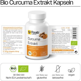 Raab Vitalfood® Organic Curcuma Extract Capsules (Pack of 90) - Contains Organic Curcuma Extract, Piperine and Curcuma Powder, Standardised Curcuminoid Content (150 mg per 2 Capsules), Vegan,