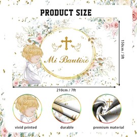 AIBIIN 7x5ft Mi Bautizo Backdrop for Girl Pink Green Baptism Christening First Holy Communion Photography Background Floral Gold Dove God Bless Newborn Baby Shower Party Decorations Banner Photo Props