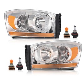 LQI Headlight Assembly w/Bulbs Light Bar Compatible with Dodge Ram 1500 2006-2008/Fit Dodge Ram 2500 3500 2006-2009 Driver & Passenger Side Headlamps Clear Lens Chrome Housing Amber Reflector