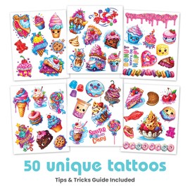 Savvi - 50 Sweet Tooth Temporary Tattoos: Marshmallow Scented, Skin-Safe Ink, Great for Birthday Parties, Gifts for Boys and Girls Ages 4-12+, Made in the USA [6 sheets, 50 count]