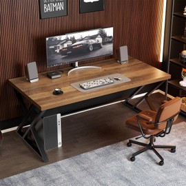 LVB Long Computer Desk, Big Industrial Home Office Desk, Large Metal Wood Writing Study Computer Table for Bedroom, Modern Executive Simple Gaming Work Desk for Student, Rustic Oak, 60 in