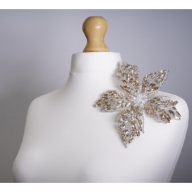 Feathers Creation Ltd Sparkling Rhinestone Curved 20 Cm Wide Applique Heavy Beads Motif Diamante Crystal Lace Patch Craft Sewing on Bridal Wedding Ball Dress Gown Iron On oe sewon (Beige)