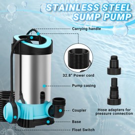 SHALL 1HP Submersible Utility Pump, 3566GPH Stainless Steel Sump Pump, Fast Water Drainage for Pools Garden Ponds Basement Hot Tub, 32.8ft Cord