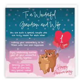 Hunts England - Grandson And Wife 1st Anniversary Card - Starry Night - Cute Bears - Verse 1st Anniversary Card For Grandson And Wife - Cute Poem Anniversary Card