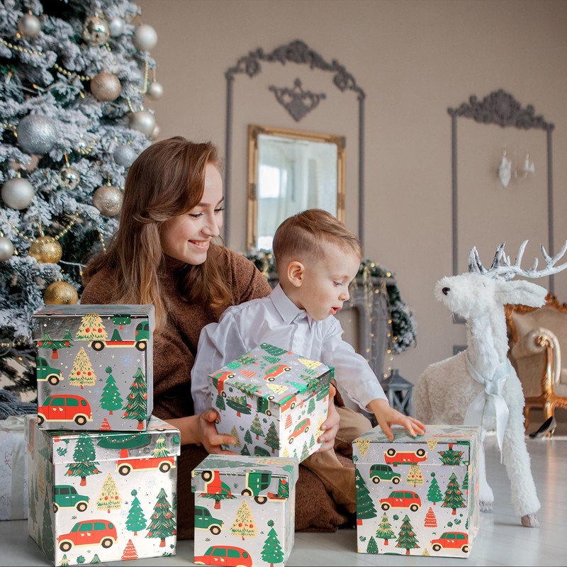 PAPER FAIR 5PCS Christmas Nesting Gift Boxes Set, Silver Foil