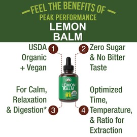 USDA Organic Lemon Balm Tincture. Liquid Organic Lemon Balm Oil Drops Supplement for Relaxation, Calm, Digestion. Vegan Leaf Extract. Zero Sugar, Gluten Free Supplements for Women and Men