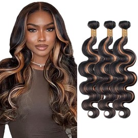 Fridnae Mechones De Cabello Humano Con Ondas Corporales, Mechones De Cabello Fb30 Con Reflejos, Dos Tonos De Negro Mezclado Con Castaño Claro, Mechones De Cabello Fb30 Con Ondas Corporales, 3 Mechones