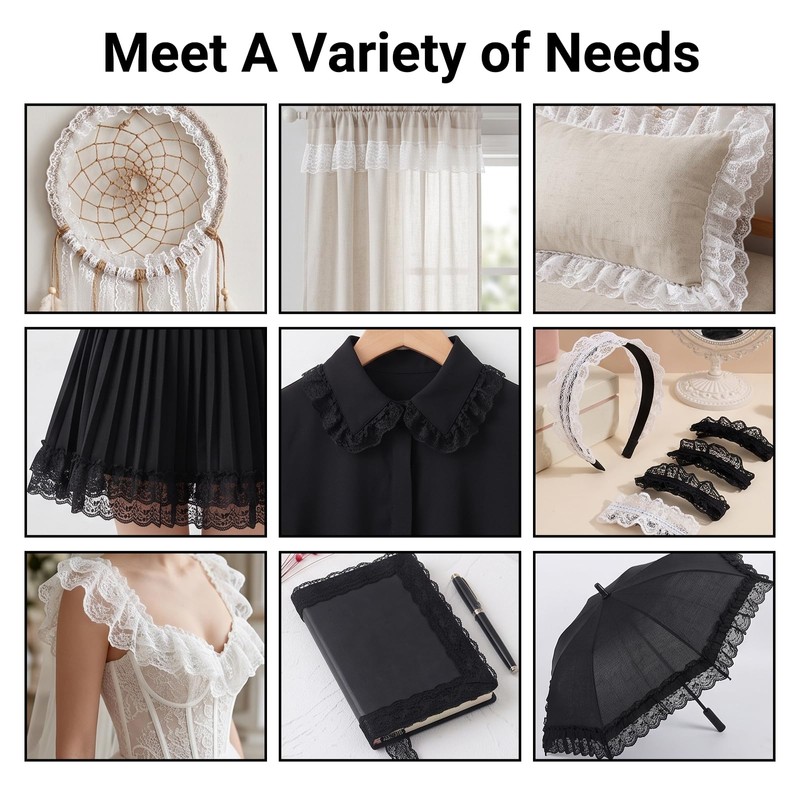 2 Inch Black Chiffon Lace Ruffle Trim 2-Layer Pleated Edge