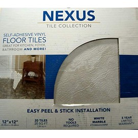 Nexus Self-Adhesive Vinyl Floor Tiles, Box of 20 Tiles for 20 Sq Ft, White Marble, 12 x 12 inches