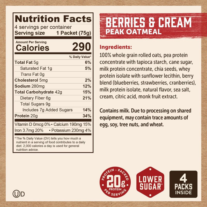 Kodiak Cakes Peak Instant Oatmeal Packets, Berries & Cream, High