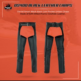 Daniel Smart Motorcycle Leather Chaps All Season Unisex Biker Assless Chaps with Customizable fit Black