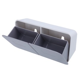 Fockety Cotton Buds Storage Box, 2 Grids Clamshell Removable Storage Organiser, Wall Mounted Storage Container with 2 Super Glue for Kitchen, Bedroom, (White Grey)