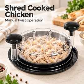 Manual Chicken Shredder Tool for Cooked Meat – Clear-Lid Rotating Design for Easy Everyday Kitchen Meal Prep