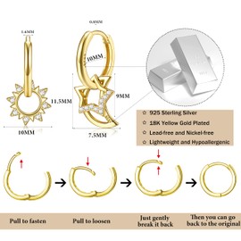 Adramata Earrings Silver 925 Girls - CZ Moon Star and Sun Earrings Silver Hanging Earrings for Women, Hypoallergenic Silver 925 Hoop Earrings with Pendant, Gift for Sensitive Ears