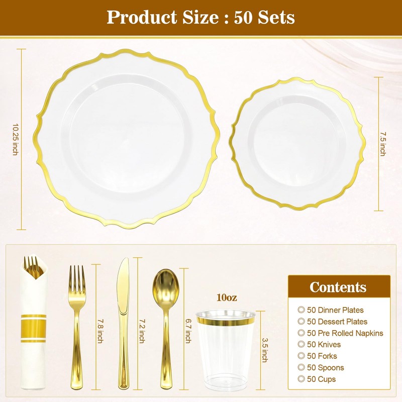 Glowserve 50 Guests 350 PCS Disposable Plastic Plates Gold Dinnerware