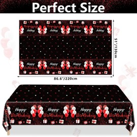 Pack of 4 Black and Red Happy Birthday Tablecloths, 220 x 130 cm, Rectangle Birthday Party Tablecloths for Women Girls Birthday Party Decorations Accessories