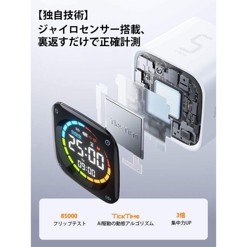 TICKTIME Clock, Alarm Clock, Pomodoro, Timer, Type-C Charging, Magnet, Japanese