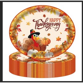 50Pcs Thanksgiving Oval Paper Plates Fall Leaf Pumpkin Turkey Orange Harvest Theme Dinner Plate 10" x 12.5" Large Disposable Dinner Serving Party Platters Heavy Duty, Autumn Fall Supply Decor