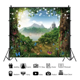 Leowefowa 10x8ft Vinyl Backdrop Enchanted Forest Photography Backdrop Green Forest Mountain Cave Butterfly Background Spring Fairy Backdrop Fairy Tale Wonderland Portrait Photo Studio Props
