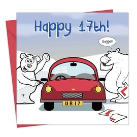 Twizler Funny Birthday Card with Polar Bear, Car and Ripped Learner Plates – 17th Birthday Card – Humour Card - Age 17 Birthday Card - Funny Card