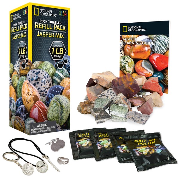 NATIONAL GEOGRAPHIC Rock Tumbler Refill Kit - Jasper Mix of 8 varieties including Mookaite and Kabamba - Comes with 4 grades of Grit, Jewelry Fastenings and detailed Learning Guide