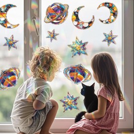 FCZon Star 18pcs Window Decals to Prevent Bird Strikes, Anti Collision Window Clings, Rainbow Reflection Window Sticker, Moon and Star Style Sun Catcher Stickers for Glass Windows