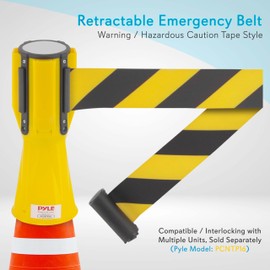 PYLE Black Retractable Traffic Cone Hazardous Caution Tape Style, Warning/Emergency Belt, Magnetic & Weather Resistant Design, Interlocking w/Multiple Units & Indoor/Outdoor Use PCNTP16