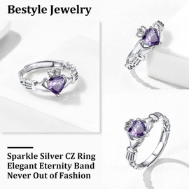 Bestyle Flattering Silver Birthstone Rings June Alexandrite Heart Crystal Rings for Women Dainty Hypoallergenic Adjustable Celtic Claddagh Rings for Girls, Size #6-#12