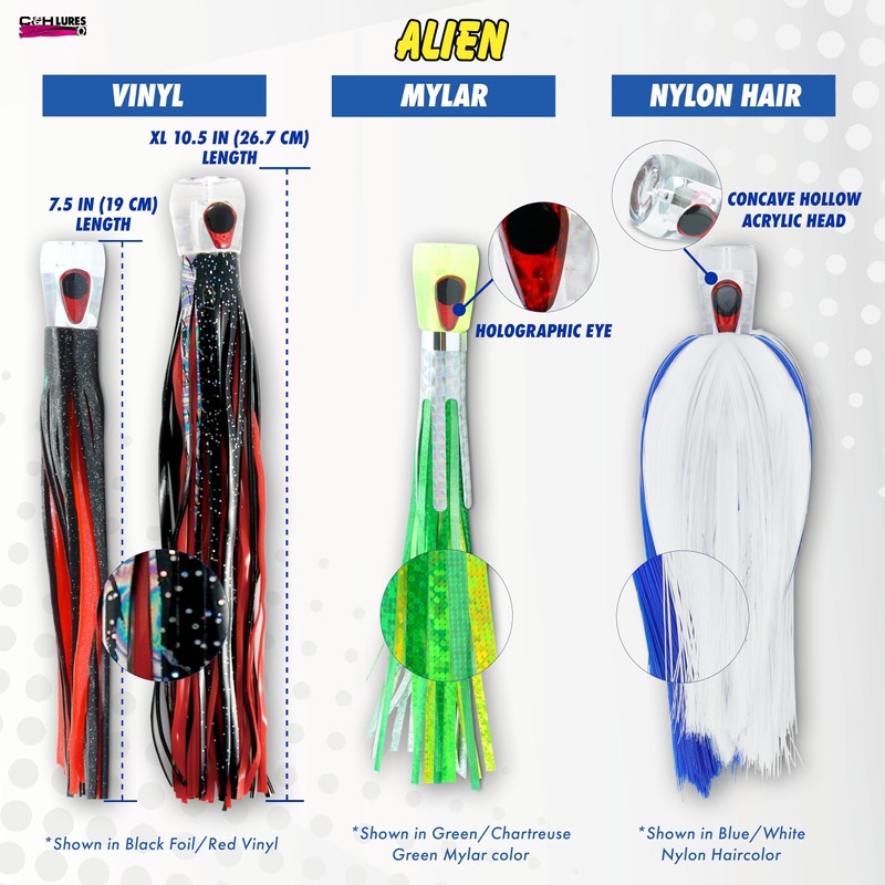 C&H Lures Alien Lure, Blue/Blue/Silver Mylar Skirt, Concave Head, Hologram
