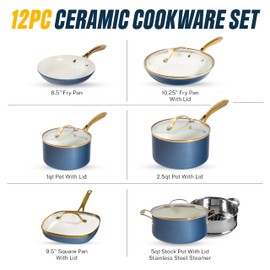 Gotham Steel 12 Pc Ceramic Cookware Set Nonstick, Ceramic Pots and Pans Set Non Stick with Steamer for Cooking, Non Toxic PFOA PFOS Free, Premium Stay Cool Handles, Oven & Dishwasher Safe