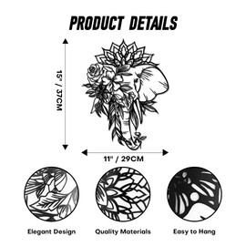 Rajukit Elephant with Lotus Metal Wall Art–Intricate Elephant Wall Decor–Indian-Inspired Hindu Decor for Living Room or Gifts