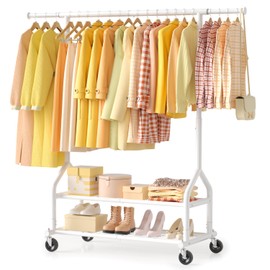 EAGMAK Heavy Duty Clothes Rack Load 556 LBS, Rolling Clothing Rack With Shelves, Height Adjustable Metal Clothes Hanger with Wheels Portable Wardrobe Organizer Garment Rod for Hanging Clothes (White)