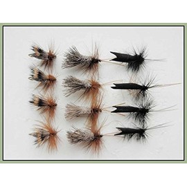 12 Special Dry Trout Flies, Black Horn Sedge, G & H Sedge & Deer Hair Sedge, Size 10 Hooks